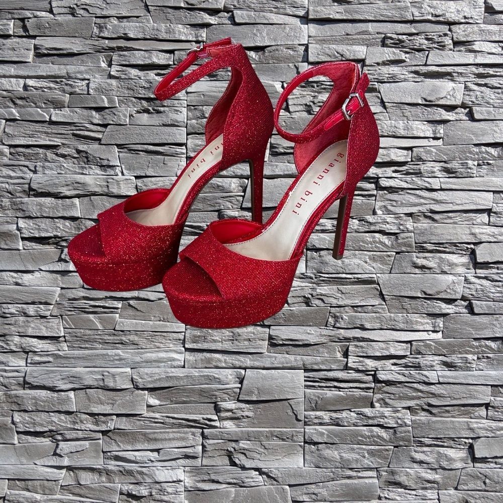 Gianni Bini Sparkling Red Peep-Toe Platform Ankle-Strap Heels - Picture 13 of 13